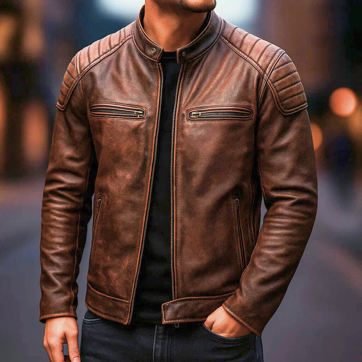 Giacca Uomo in Ecopelle con Spalle Rinforzate e Dettagli Zip Moto
