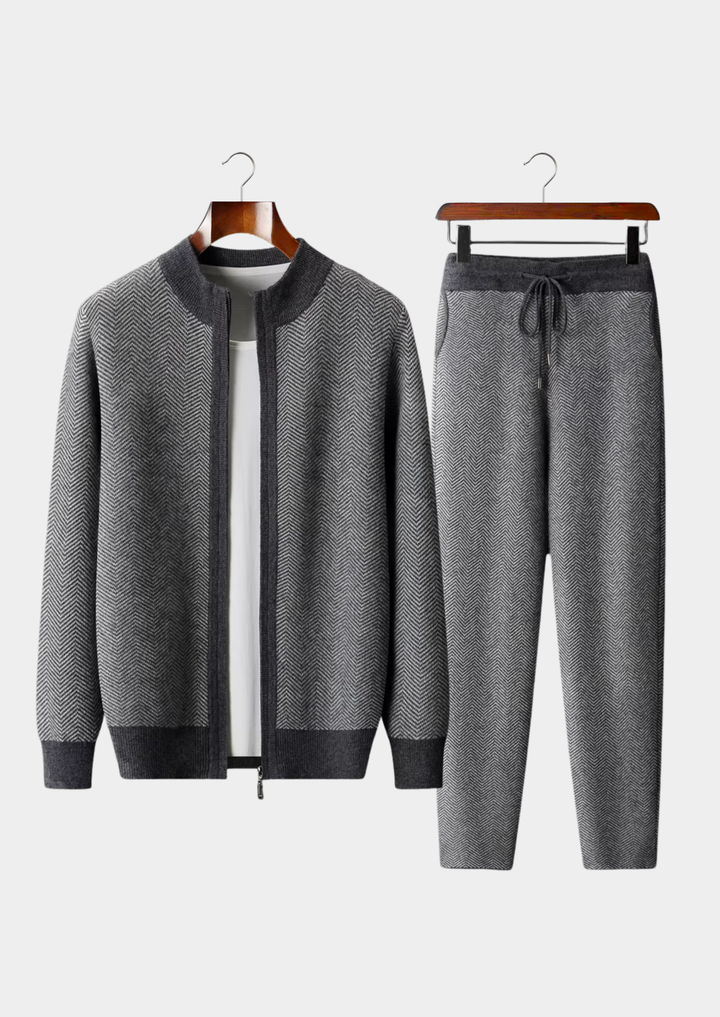 Set in pura lana merino extra-fine grigio a spina di pesce