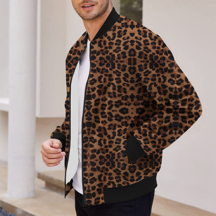 Giacca Autunnale da Uomo con Stampa Leopardata e Chiusura Zip Foderata in Pile