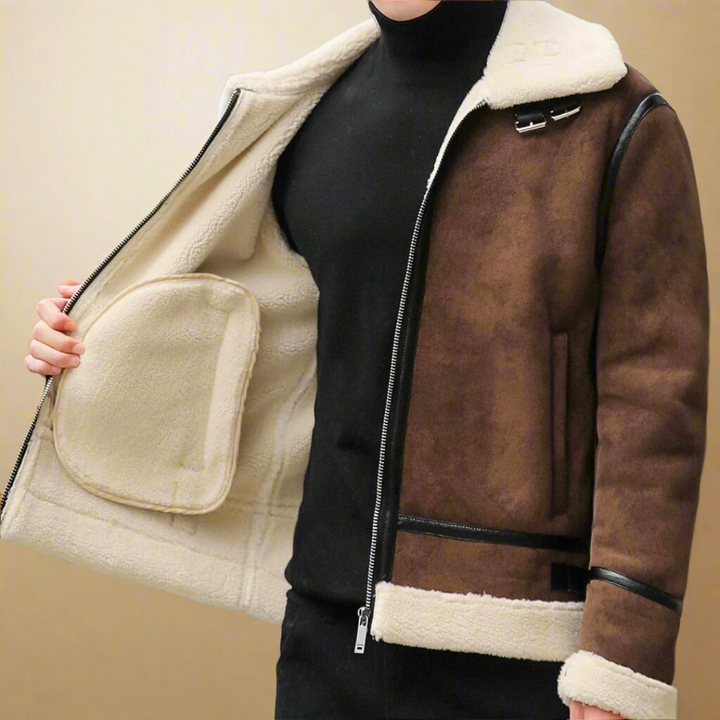 Cappotto Invernale in Pelle Scamosciata con Cintura per Uomo