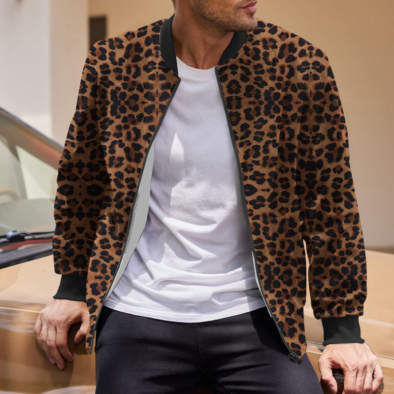 Giacca Autunnale da Uomo con Stampa Leopardata e Chiusura Zip Foderata in Pile