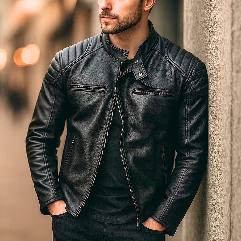 Giacca Uomo in Ecopelle con Spalle Rinforzate e Dettagli Zip Moto