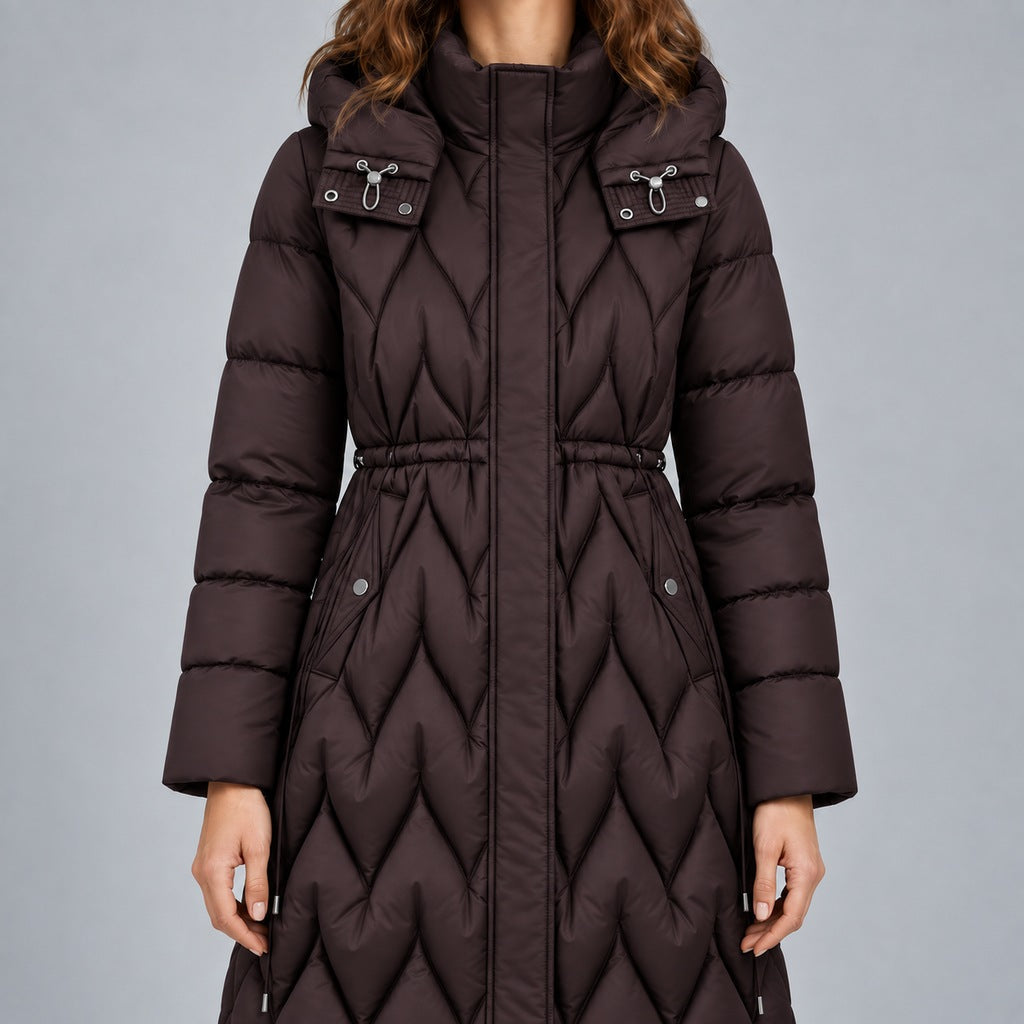 Kacob | Women's Long Quilted Hooded Coat with Cinched Waist – Chevron Padded Maxi Puffer