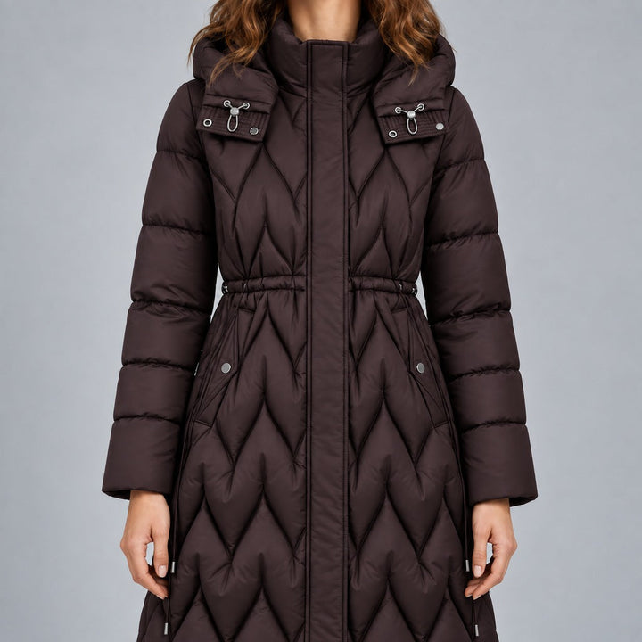 Kacob | Women's Long Quilted Hooded Coat with Cinched Waist – Chevron Padded Maxi Puffer