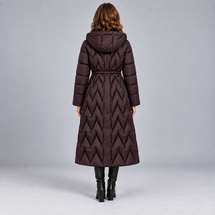 Kacob | Women's Long Quilted Hooded Coat with Cinched Waist – Chevron Padded Maxi Puffer