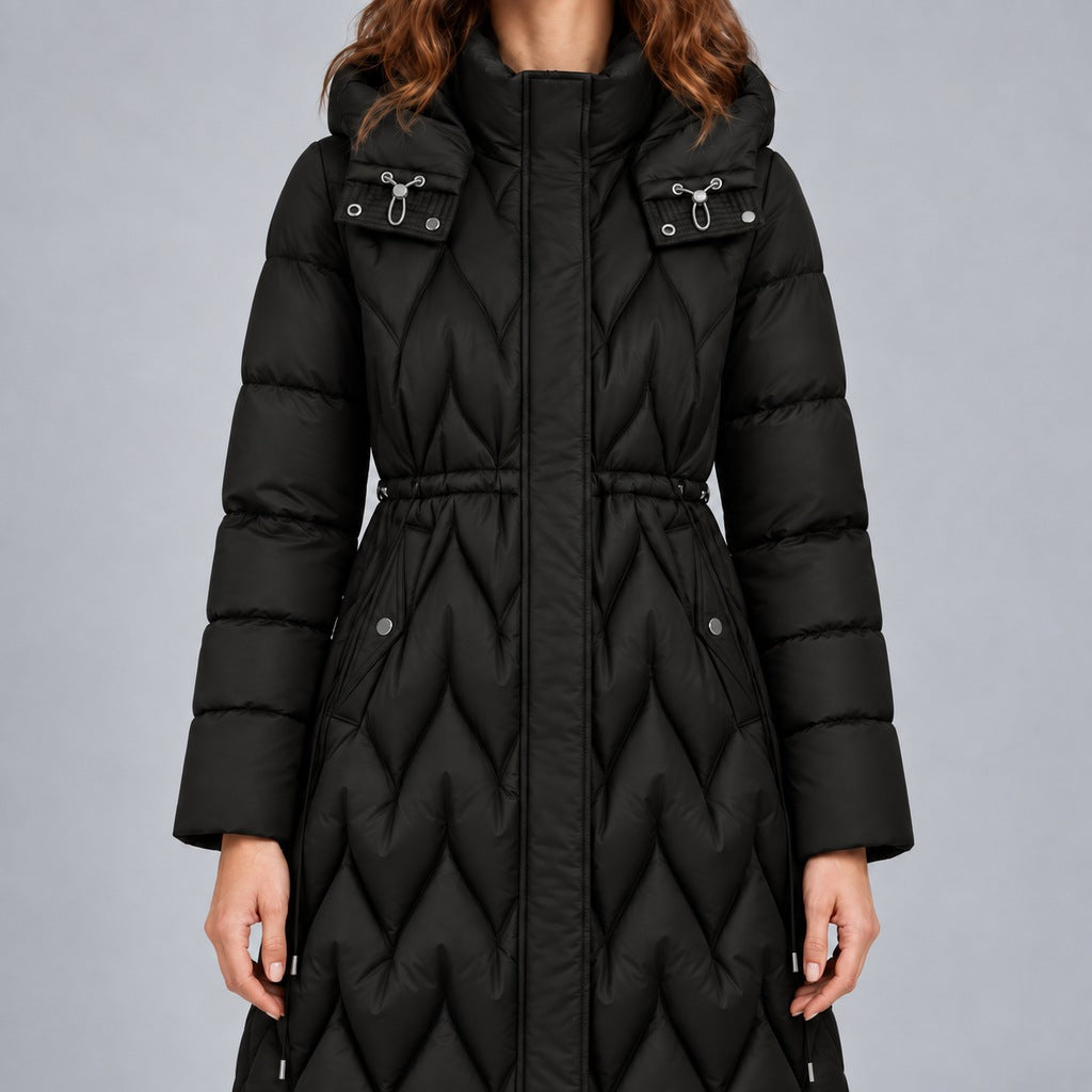 Kacob | Women's Long Quilted Hooded Coat with Cinched Waist – Chevron Padded Maxi Puffer