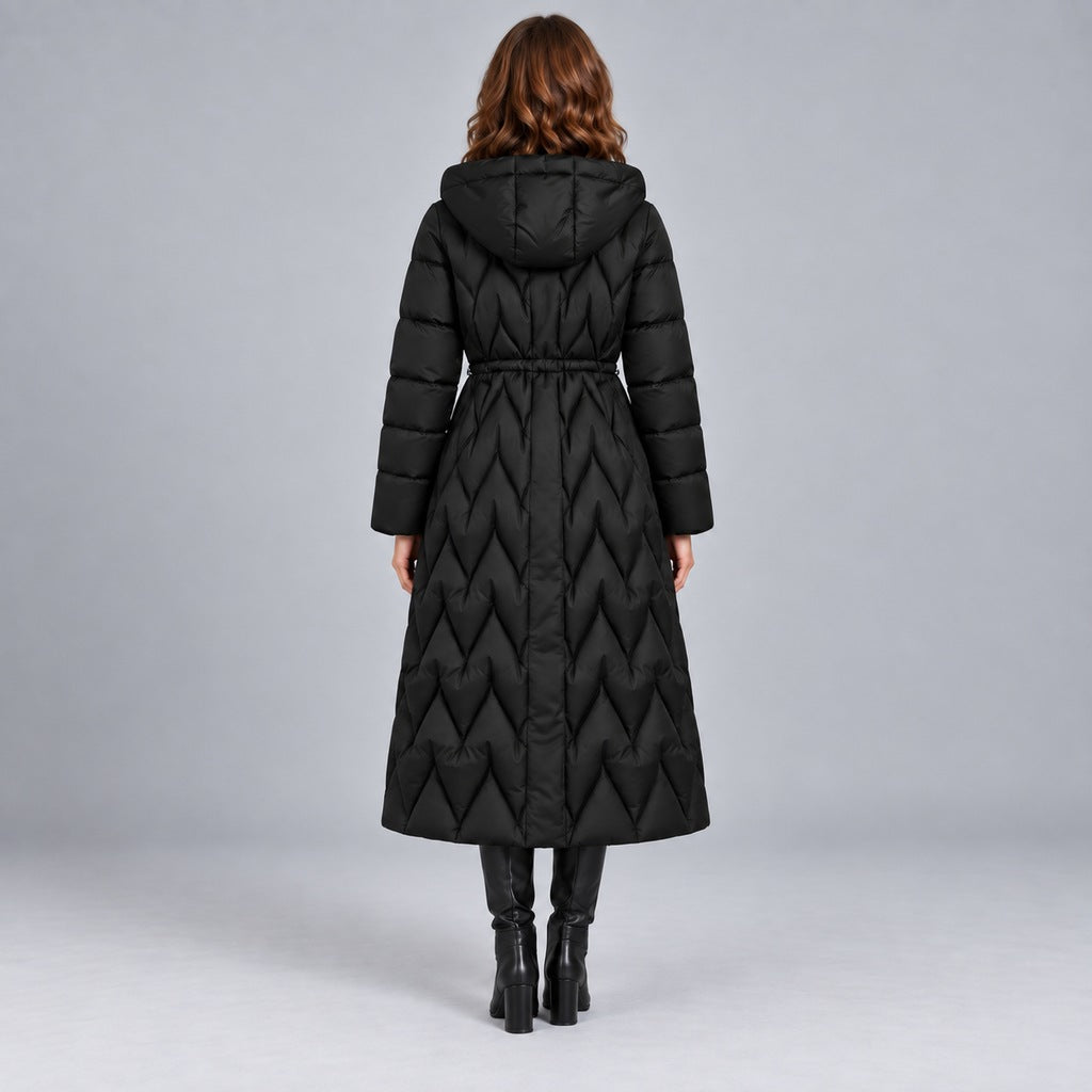 Kacob | Women's Long Quilted Hooded Coat with Cinched Waist – Chevron Padded Maxi Puffer