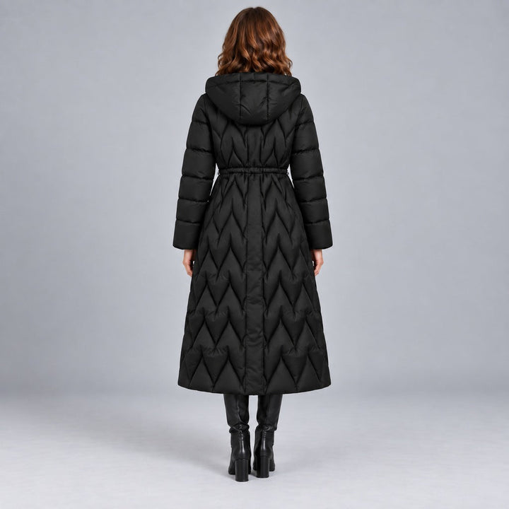 Kacob | Women's Long Quilted Hooded Coat with Cinched Waist – Chevron Padded Maxi Puffer