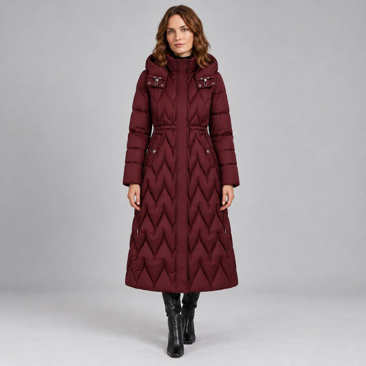 Kacob | Women's Long Quilted Hooded Coat with Cinched Waist – Chevron Padded Maxi Puffer