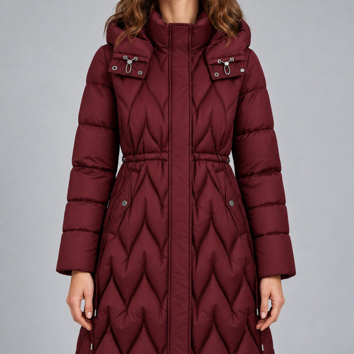 Kacob | Women's Long Quilted Hooded Coat with Cinched Waist – Chevron Padded Maxi Puffer