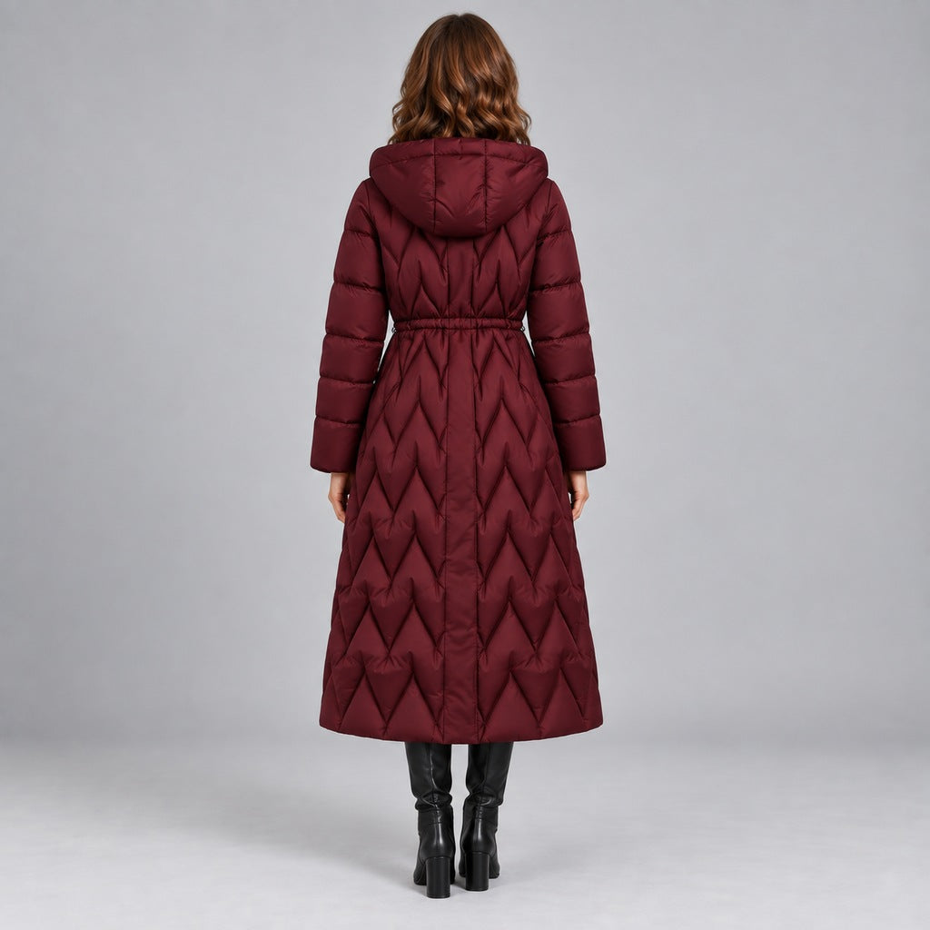 Kacob | Women's Long Quilted Hooded Coat with Cinched Waist – Chevron Padded Maxi Puffer
