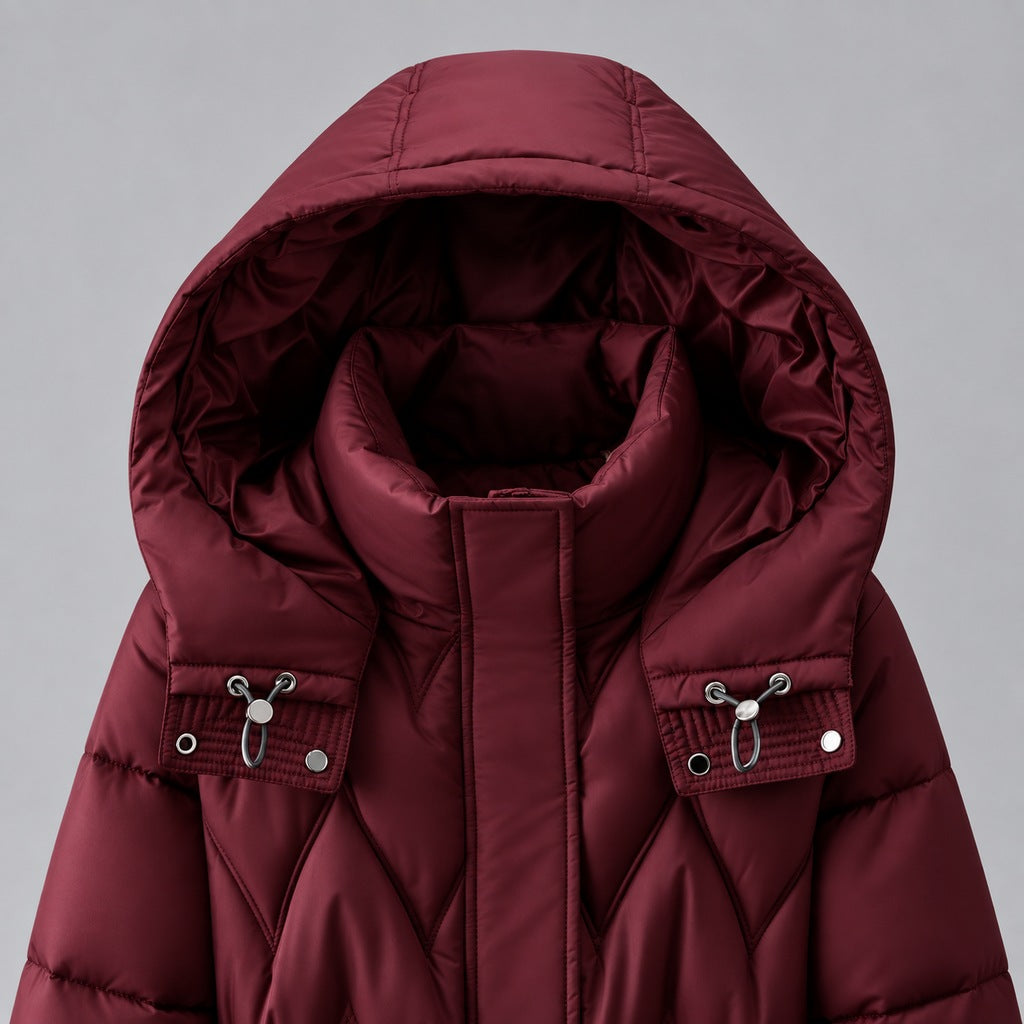 Kacob | Women's Long Quilted Hooded Coat with Cinched Waist – Chevron Padded Maxi Puffer