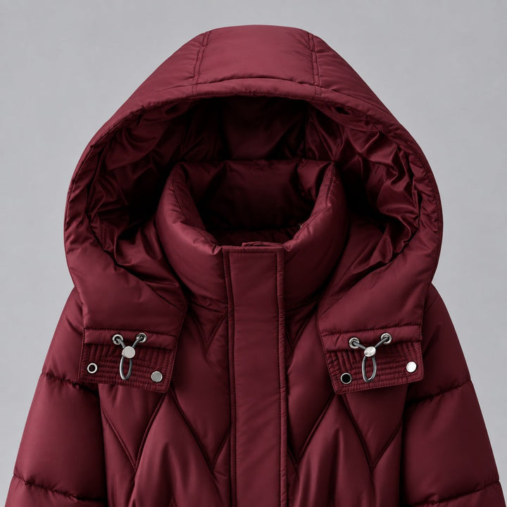 Kacob | Women's Long Quilted Hooded Coat with Cinched Waist – Chevron Padded Maxi Puffer