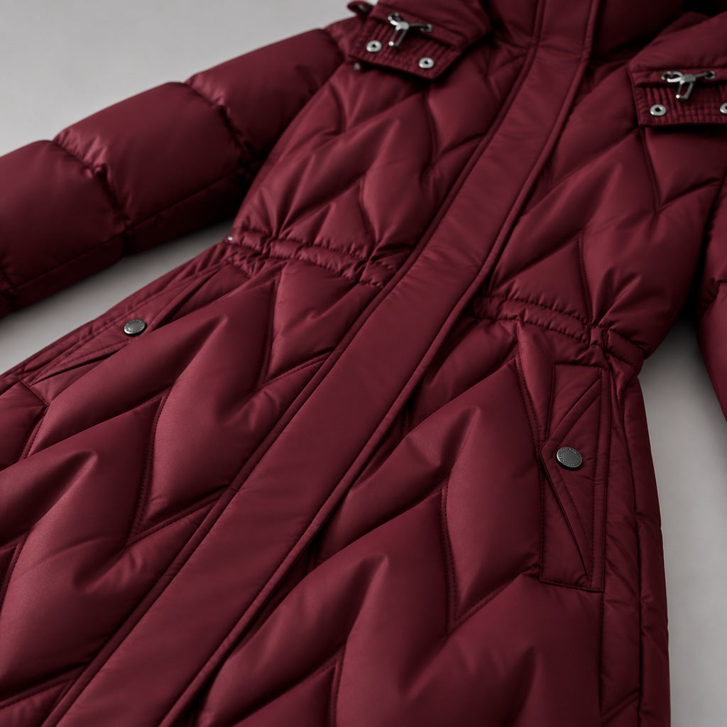 Kacob | Women's Long Quilted Hooded Coat with Cinched Waist – Chevron Padded Maxi Puffer