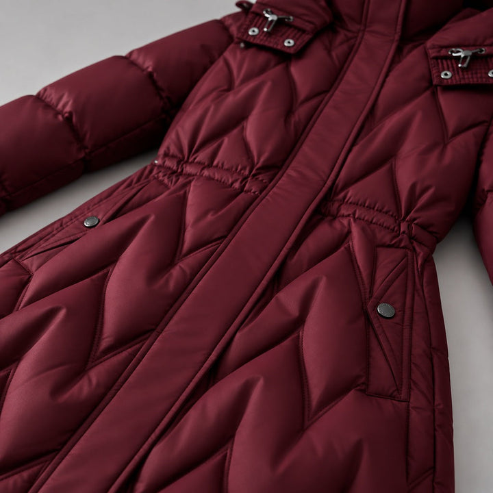 Kacob | Women's Long Quilted Hooded Coat with Cinched Waist – Chevron Padded Maxi Puffer