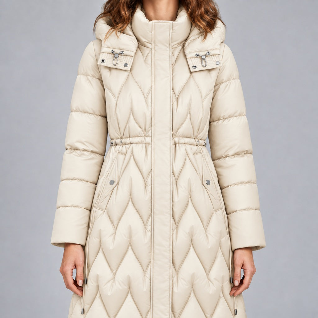 Kacob | Women's Long Quilted Hooded Coat with Cinched Waist – Chevron Padded Maxi Puffer