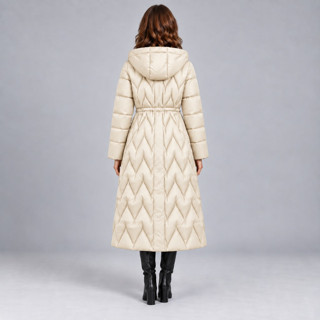 Kacob | Women's Long Quilted Hooded Coat with Cinched Waist – Chevron Padded Maxi Puffer