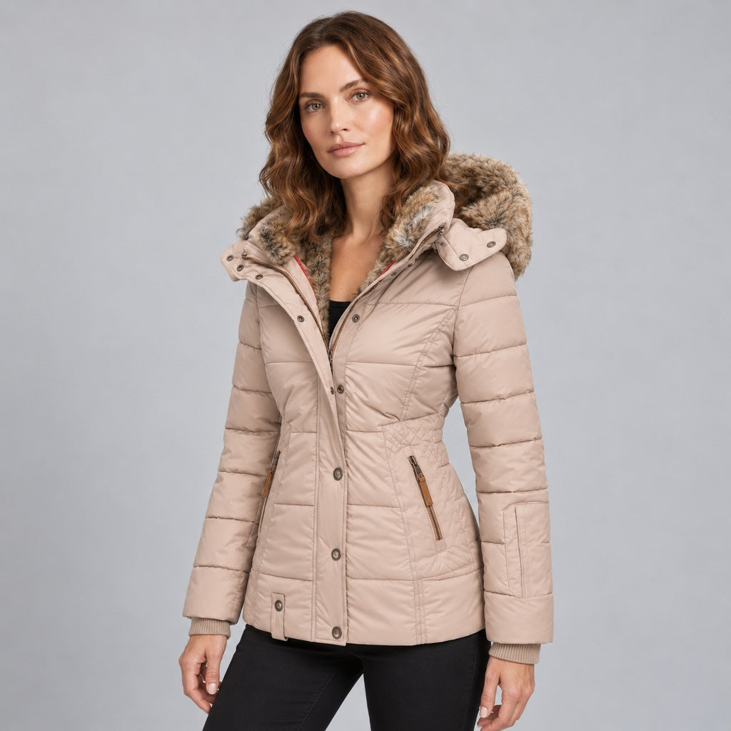 Kacob | Women's Fitted Puffer Winter Jacket with Faux Fur Lined Hood – Quilted Padded Short Coat