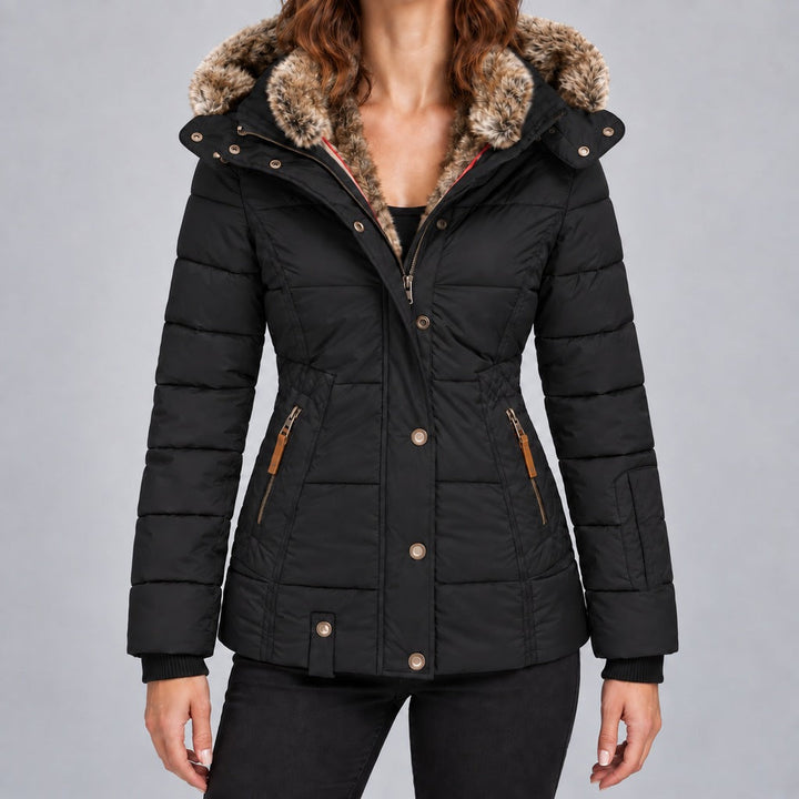 Kacob | Women's Fitted Puffer Winter Jacket with Faux Fur Lined Hood – Quilted Padded Short Coat
