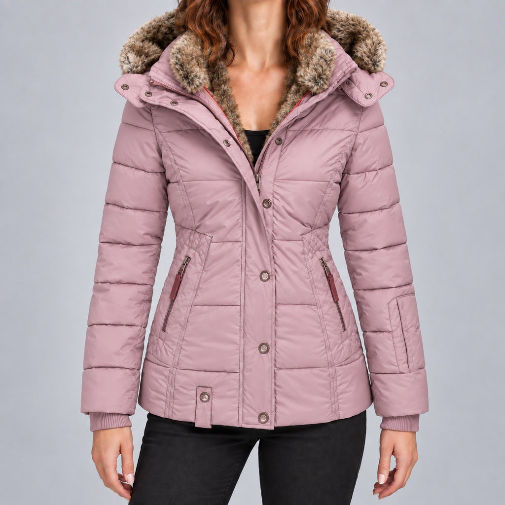 Kacob | Women's Fitted Puffer Winter Jacket with Faux Fur Lined Hood – Quilted Padded Short Coat