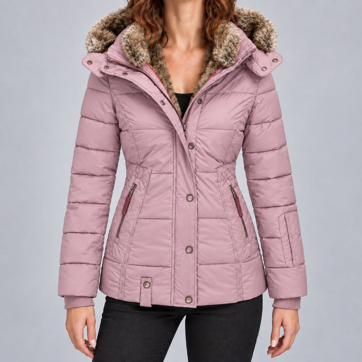 Kacob | Women's Fitted Puffer Winter Jacket with Faux Fur Lined Hood – Quilted Padded Short Coat