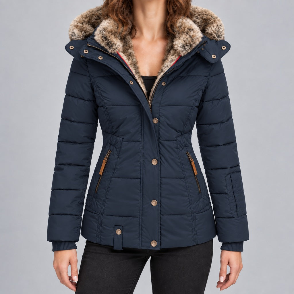 Kacob | Women's Fitted Puffer Winter Jacket with Faux Fur Lined Hood – Quilted Padded Short Coat