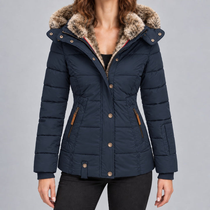 Kacob | Women's Fitted Puffer Winter Jacket with Faux Fur Lined Hood – Quilted Padded Short Coat