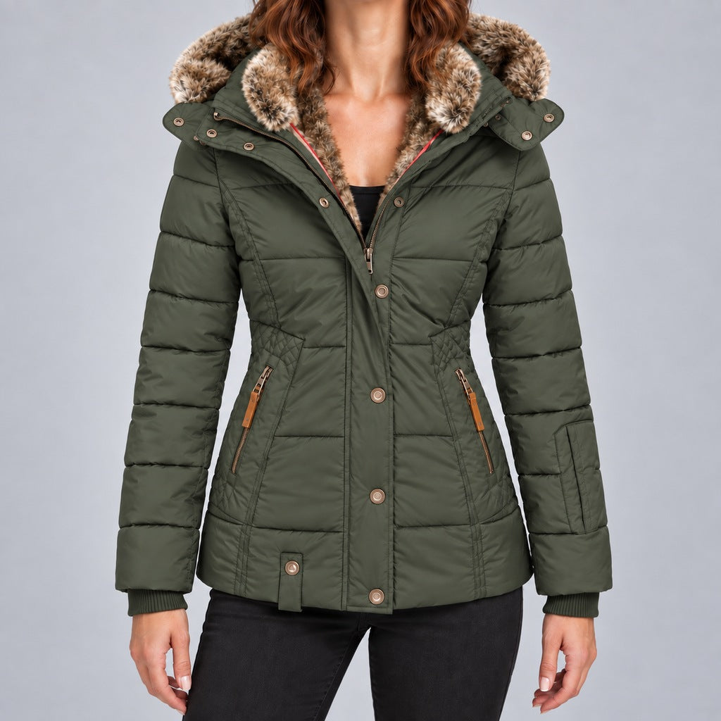 Kacob | Women's Fitted Puffer Winter Jacket with Faux Fur Lined Hood – Quilted Padded Short Coat