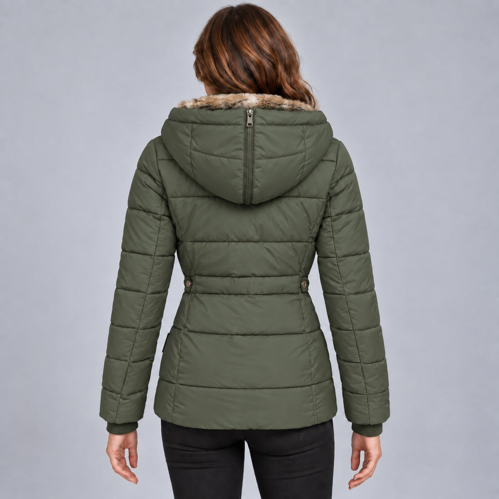 Kacob | Women's Fitted Puffer Winter Jacket with Faux Fur Lined Hood – Quilted Padded Short Coat