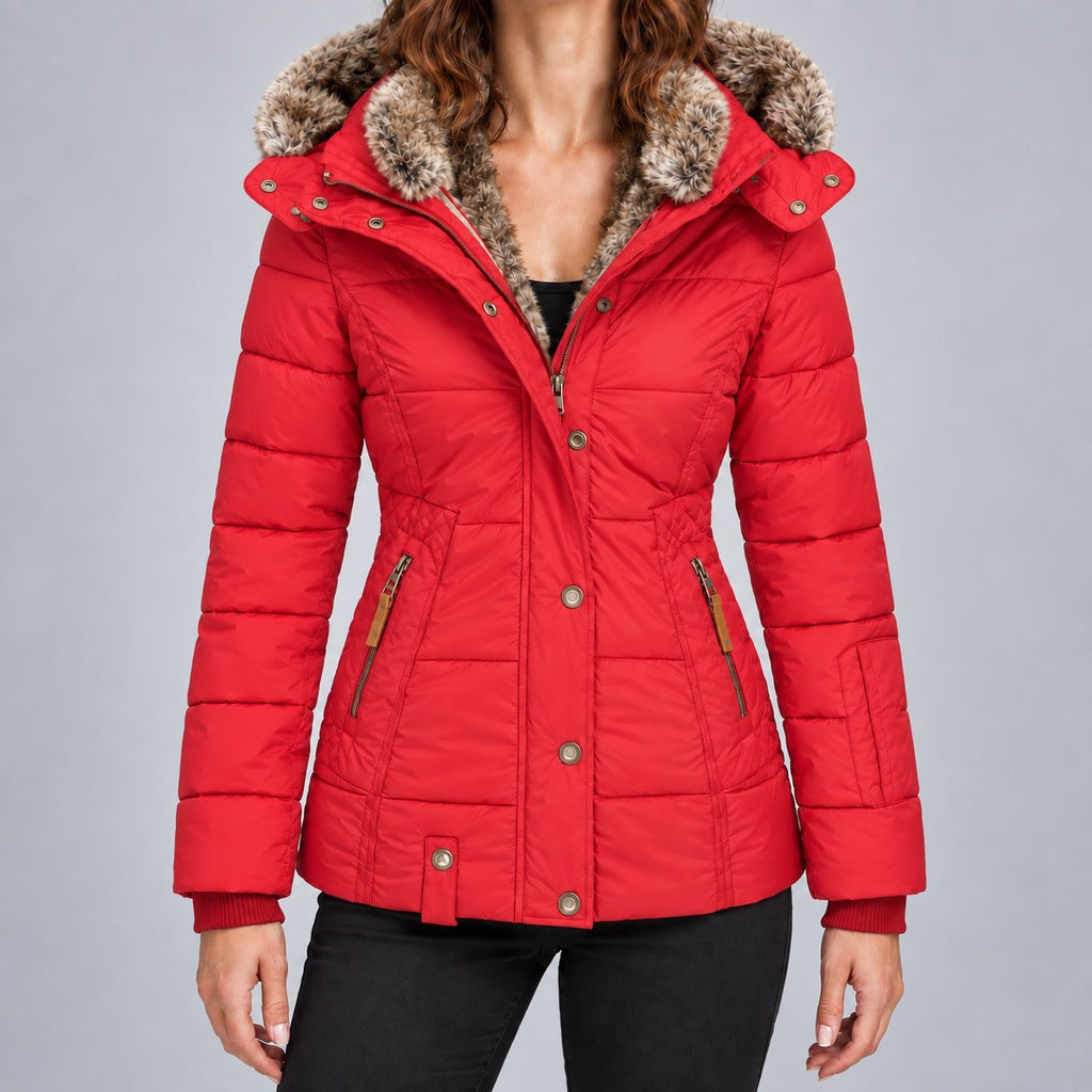 Kacob | Women's Fitted Puffer Winter Jacket with Faux Fur Lined Hood – Quilted Padded Short Coat
