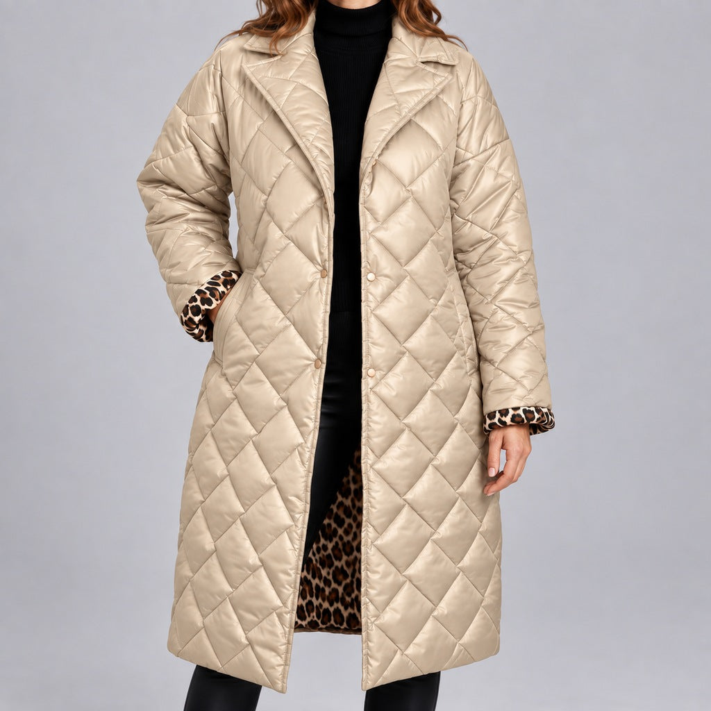 Kacob | Women's Longline Quilted Coat with Leopard Print Lining – Diamond Quilted Collared Padded Coat