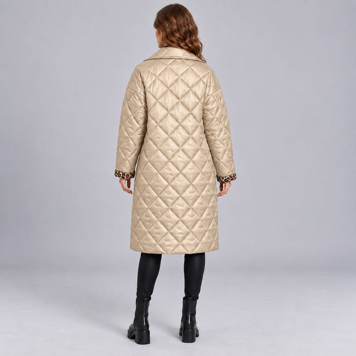 Kacob | Women's Longline Quilted Coat with Leopard Print Lining – Diamond Quilted Collared Padded Coat