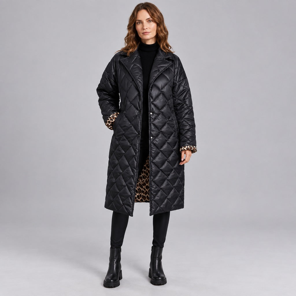Kacob | Women's Longline Quilted Coat with Leopard Print Lining – Diamond Quilted Collared Padded Coat