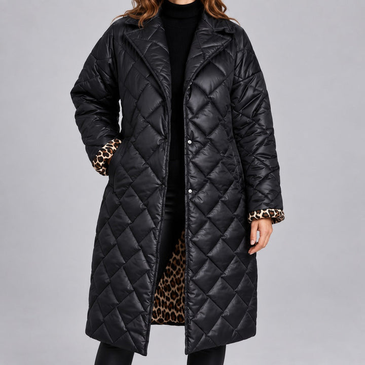Kacob | Women's Longline Quilted Coat with Leopard Print Lining – Diamond Quilted Collared Padded Coat