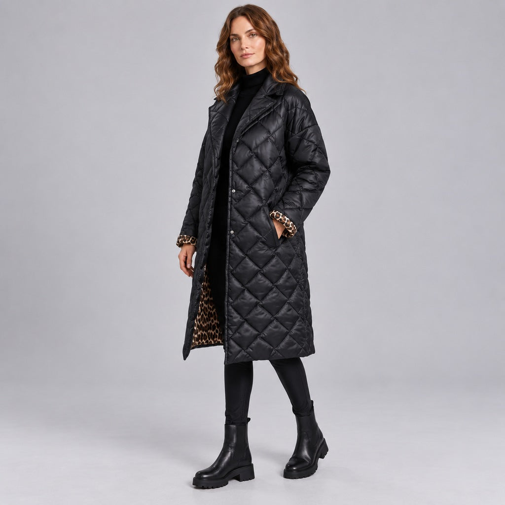 Kacob | Women's Longline Quilted Coat with Leopard Print Lining – Diamond Quilted Collared Padded Coat