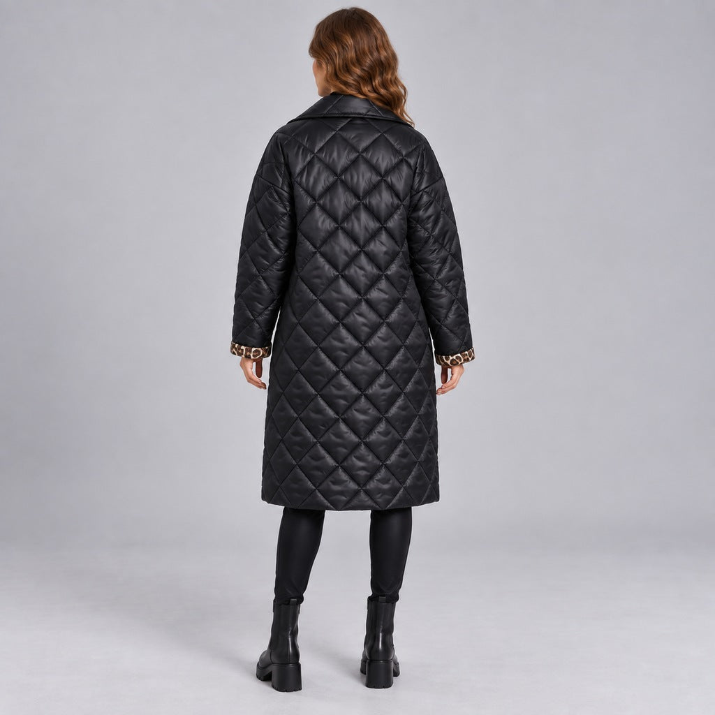Kacob | Women's Longline Quilted Coat with Leopard Print Lining – Diamond Quilted Collared Padded Coat