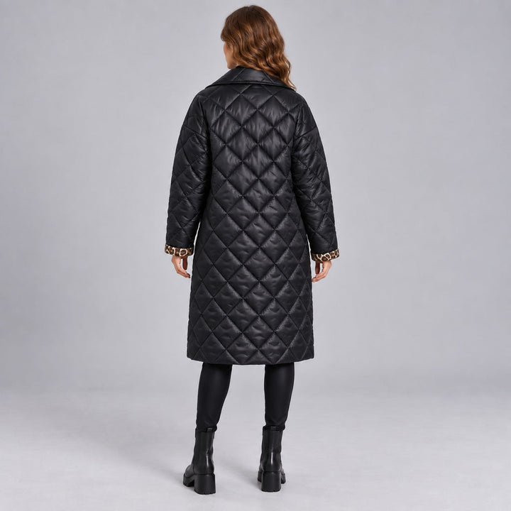 Kacob | Women's Longline Quilted Coat with Leopard Print Lining – Diamond Quilted Collared Padded Coat