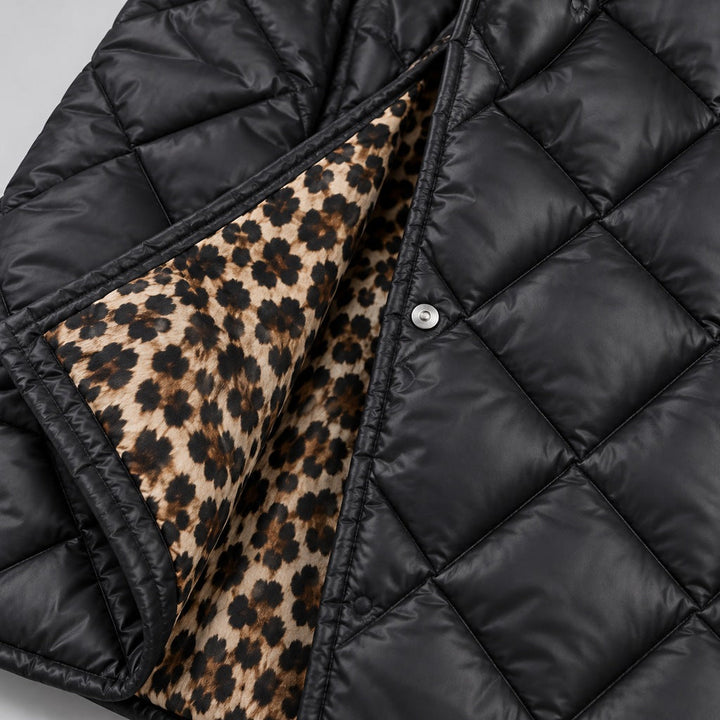 Kacob | Women's Longline Quilted Coat with Leopard Print Lining – Diamond Quilted Collared Padded Coat