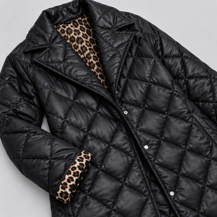 Kacob | Women's Longline Quilted Coat with Leopard Print Lining – Diamond Quilted Collared Padded Coat