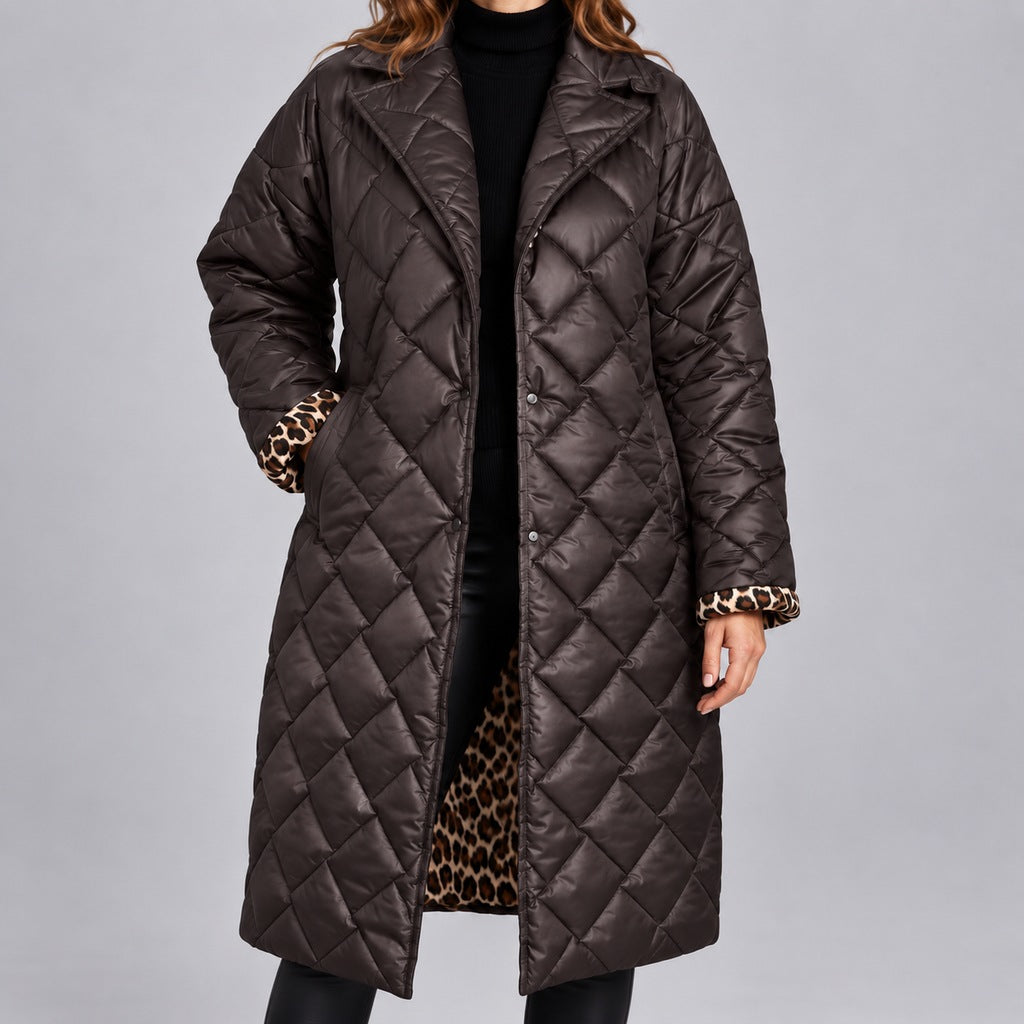Kacob | Women's Longline Quilted Coat with Leopard Print Lining – Diamond Quilted Collared Padded Coat