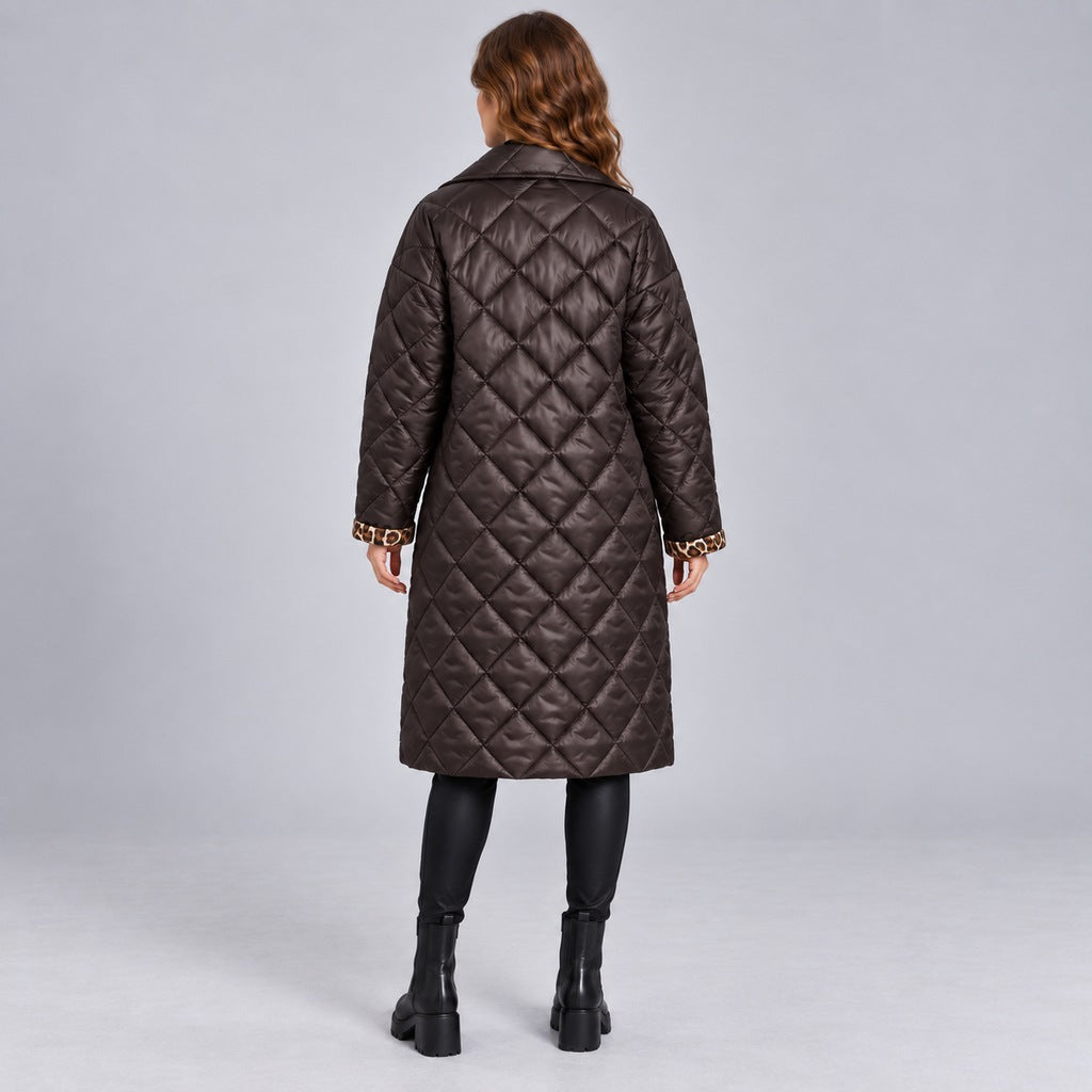 Kacob | Women's Longline Quilted Coat with Leopard Print Lining – Diamond Quilted Collared Padded Coat