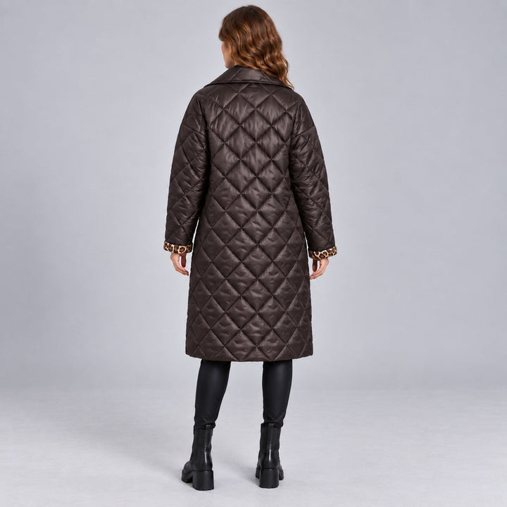 Kacob | Women's Longline Quilted Coat with Leopard Print Lining – Diamond Quilted Collared Padded Coat