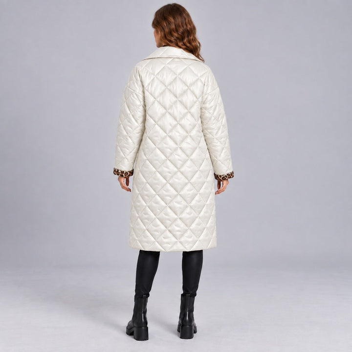 Kacob | Women's Longline Quilted Coat with Leopard Print Lining – Diamond Quilted Collared Padded Coat