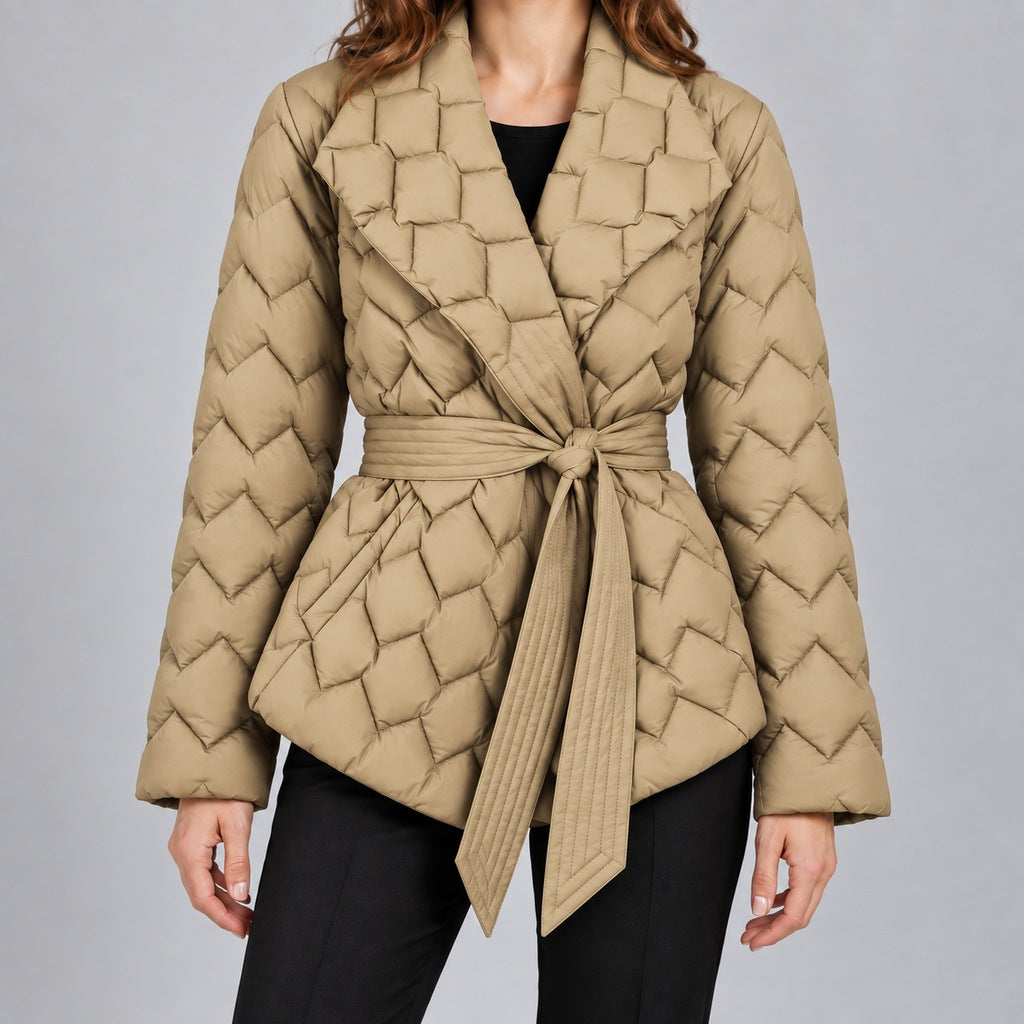 Kacob | Women's Belted Quilted Puffer Jacket with Shawl Collar – Woven Pattern Padded Wrap Jacket