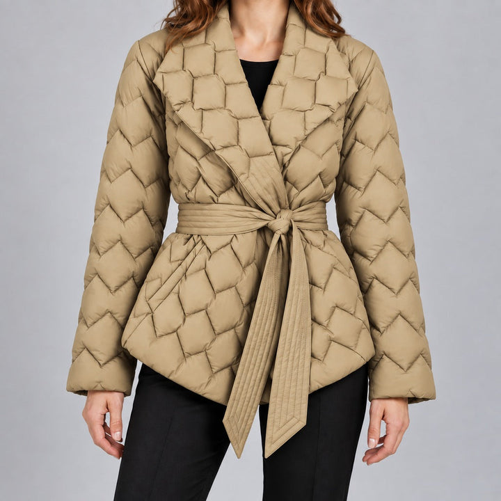 Kacob | Women's Belted Quilted Puffer Jacket with Shawl Collar – Woven Pattern Padded Wrap Jacket