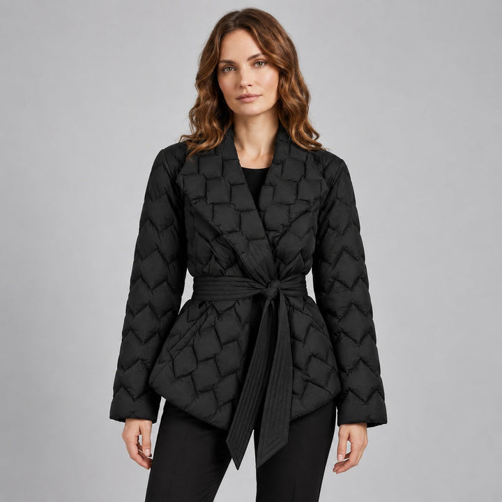 Kacob | Women's Belted Quilted Puffer Jacket with Shawl Collar – Woven Pattern Padded Wrap Jacket