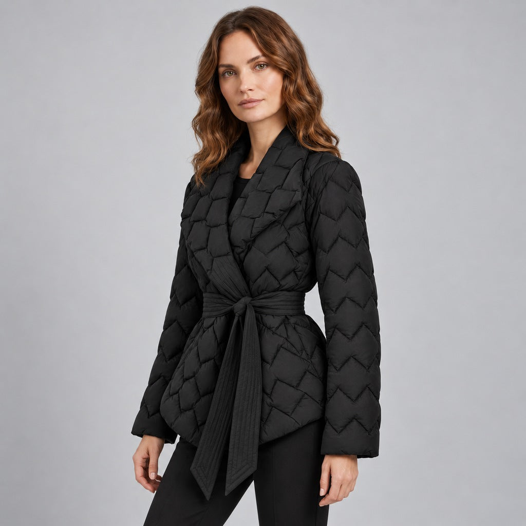 Kacob | Women's Belted Quilted Puffer Jacket with Shawl Collar – Woven Pattern Padded Wrap Jacket
