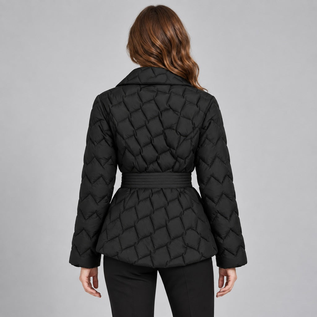 Kacob | Women's Belted Quilted Puffer Jacket with Shawl Collar – Woven Pattern Padded Wrap Jacket