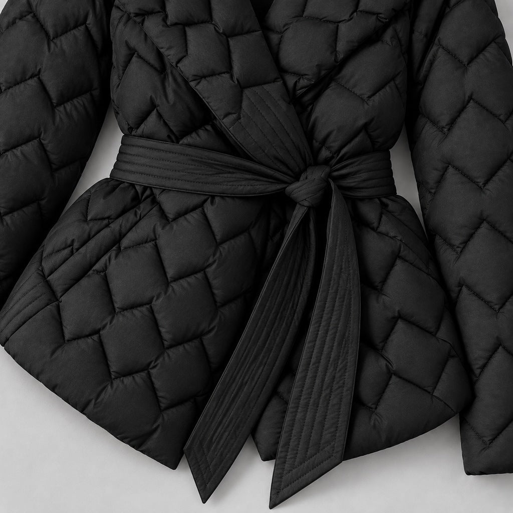 Kacob | Women's Belted Quilted Puffer Jacket with Shawl Collar – Woven Pattern Padded Wrap Jacket