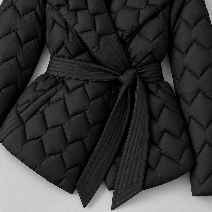 Kacob | Women's Belted Quilted Puffer Jacket with Shawl Collar – Woven Pattern Padded Wrap Jacket